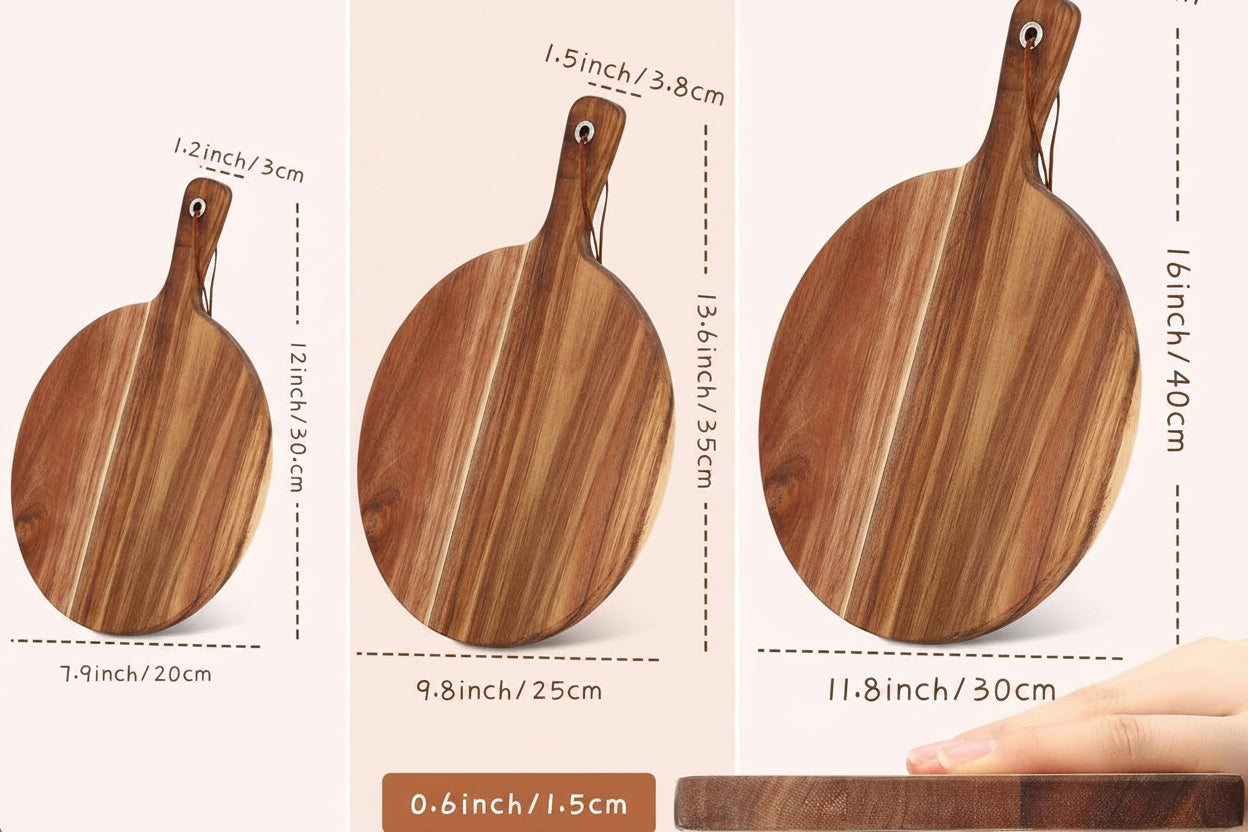 Size information chart showing three wooden serving boards in different dimensions.