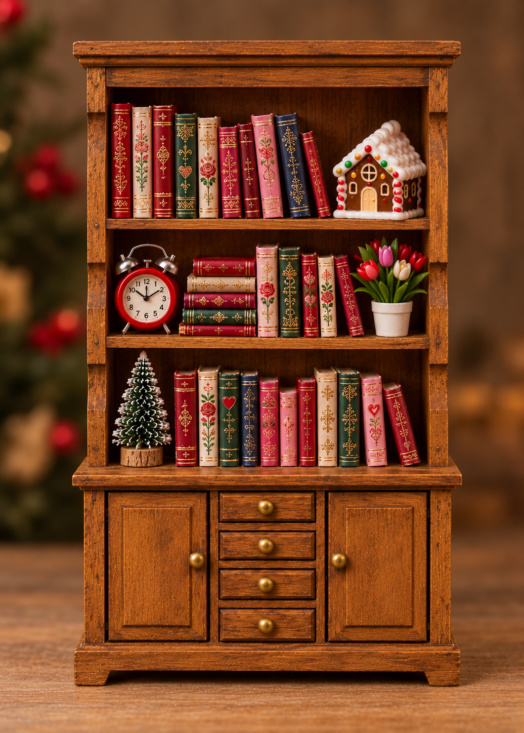 A miniature wooden bookshelf figurine decorated with Christmas-themed books, a small gingerbread house, an alarm clock, a miniature tree, and a potted plant, set against a warm, blurred holiday background.