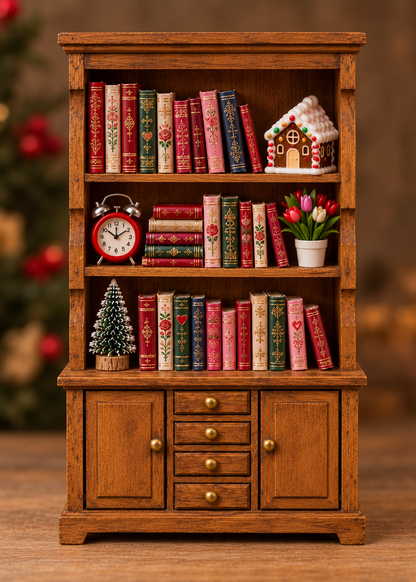 A miniature wooden bookshelf figurine decorated with Christmas-themed books, a small gingerbread house, an alarm clock, a miniature tree, and a potted plant, set against a warm, blurred holiday background.