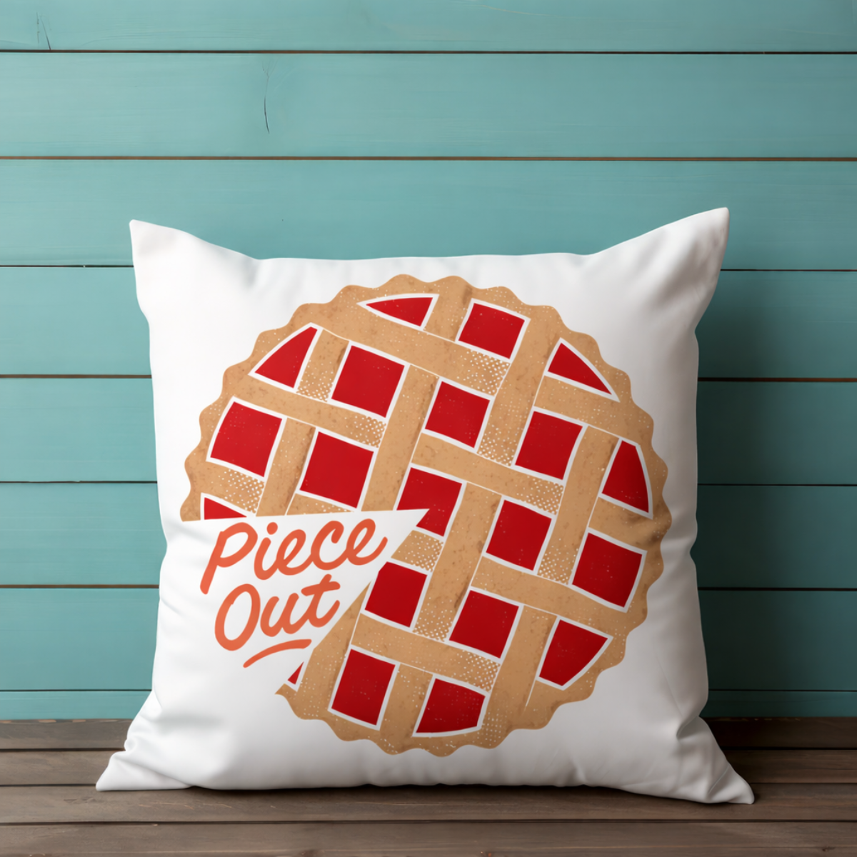 Pillow with a pie design and 'Piece Out' text against a teal wooden background