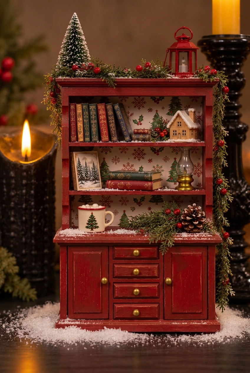 A miniature wooden bookcase shelf decorated for Christmas, filled with tiny books, a small house figurine, a mug, and holiday greenery, set against a warm, dark background with candles.