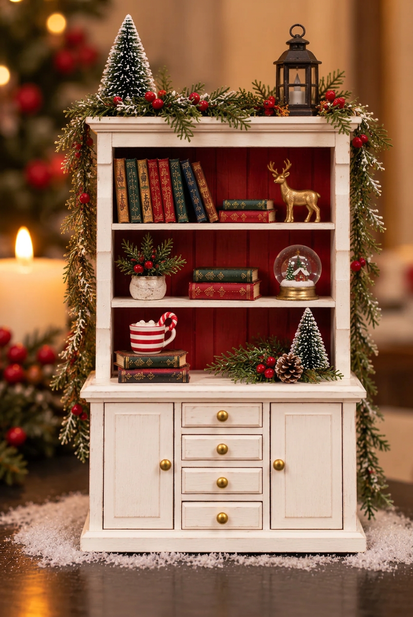 A miniature white Christmas hutch shelf decorated with green garlands, red berries, small trees, books, a lantern, a deer figurine, and holiday accessories, set against a warm blurred festive background.