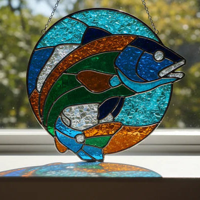 Stained glass fish artwork on a windowsill with a blurred green outdoor background