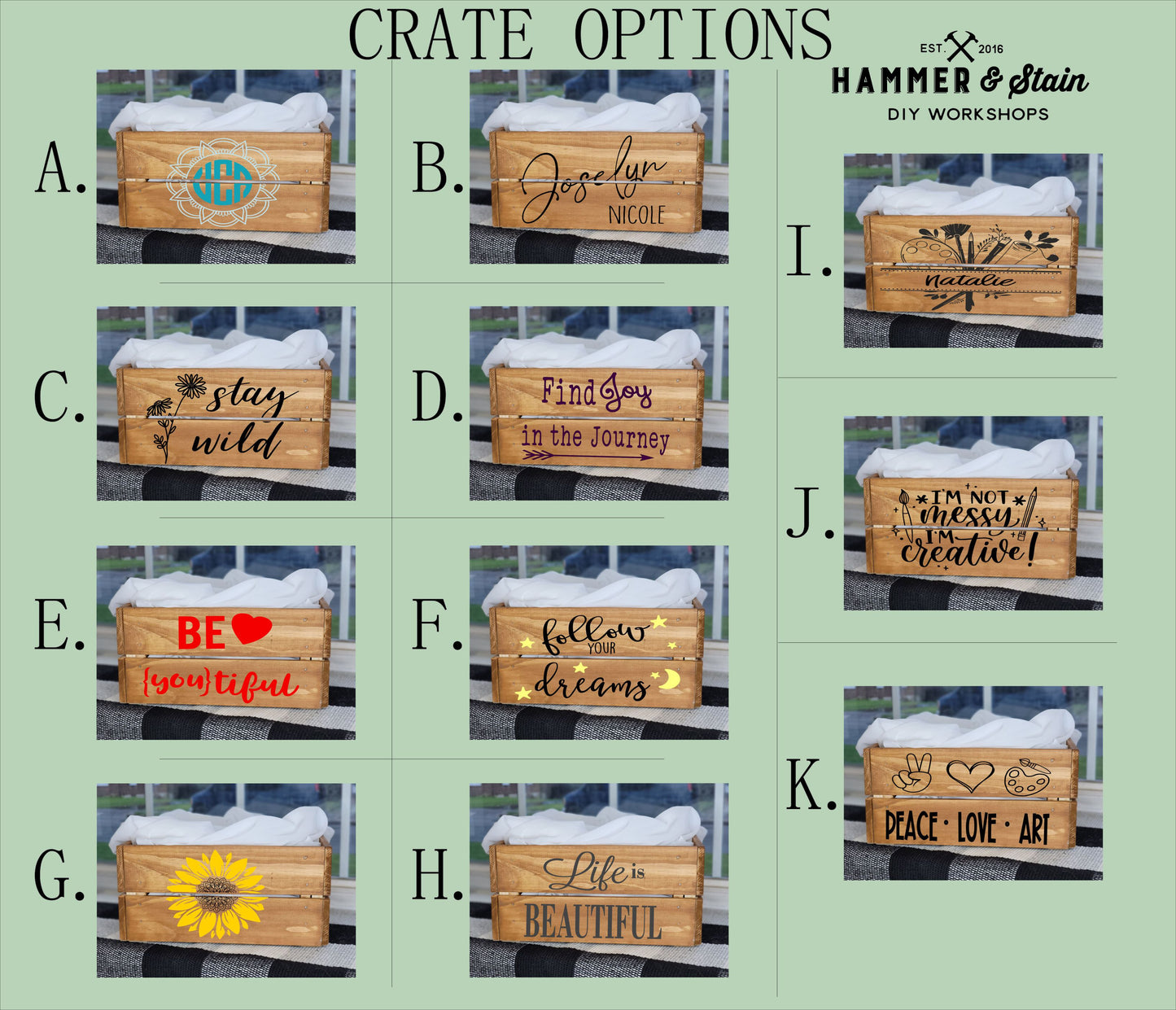 Wooden crates with various designs and text on a green background, featuring the brand 'Hammer & Stain'.