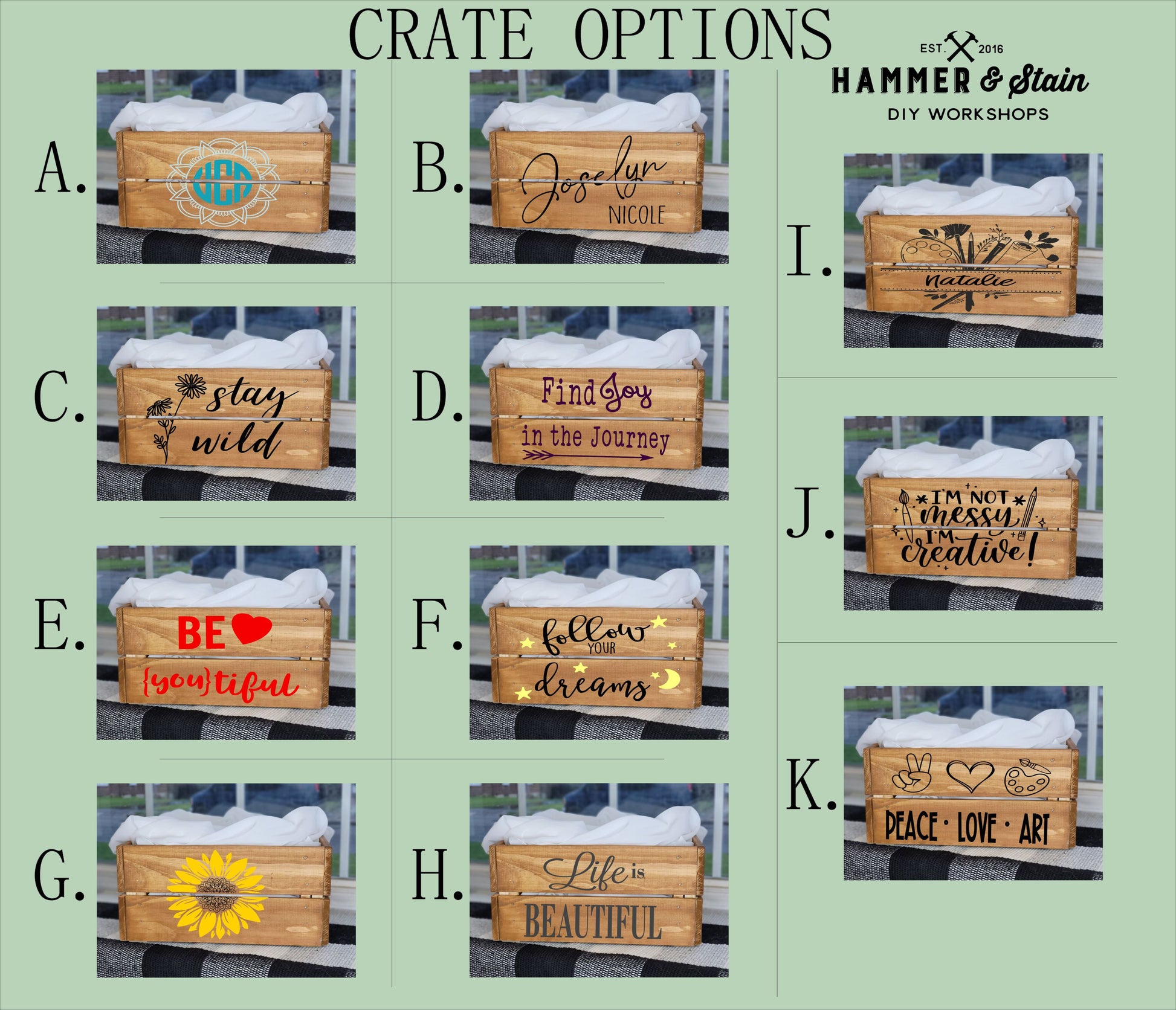Wooden crates with various designs and text on a green background, featuring the brand 'Hammer & Stain'.