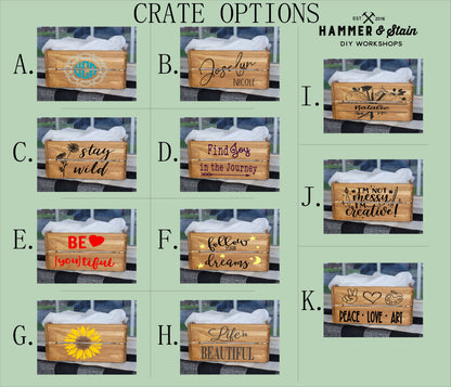 Wooden crates with various designs and text on a green background, featuring the brand 'Hammer & Stain'.