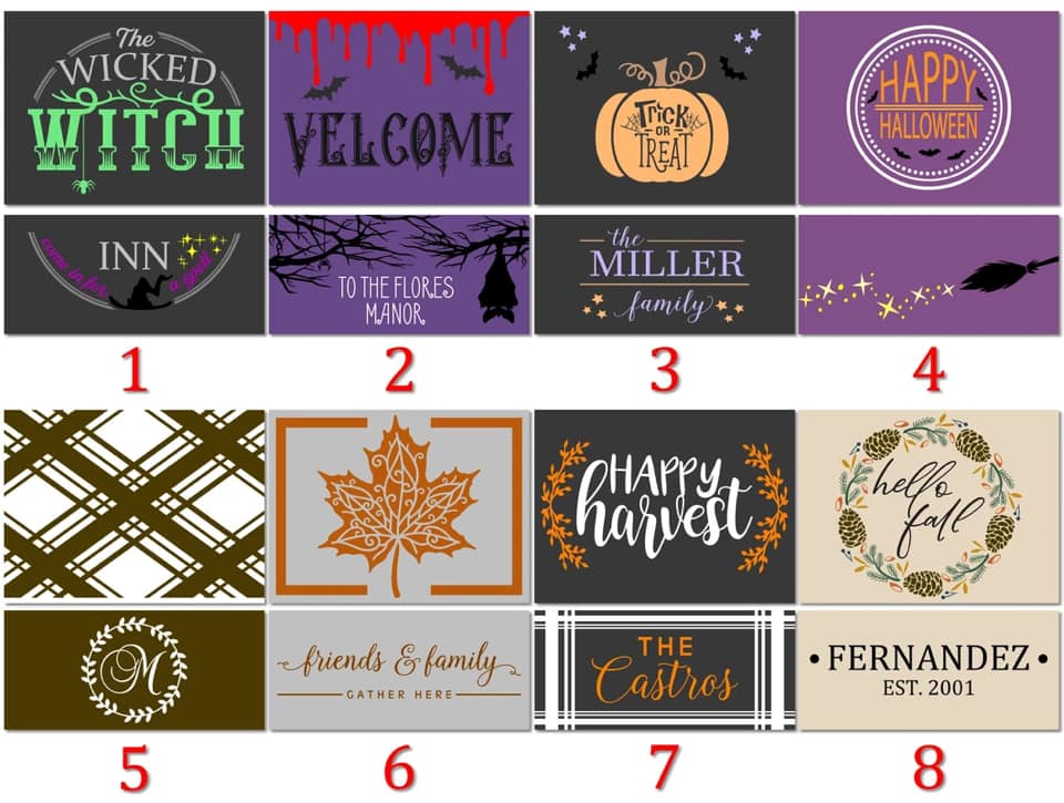 A grid of eight Halloween-themed design options, numbered 1 through 8, with sample graphics including a witch logo, pumpkins, bats, a map, a plaid pattern, a maple leaf, autumn leaves, and a wreath on dark and neutral backgrounds.