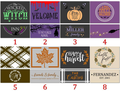 A grid of eight Halloween-themed design options, numbered 1 through 8, with sample graphics including a witch logo, pumpkins, bats, a map, a plaid pattern, a maple leaf, autumn leaves, and a wreath on dark and neutral backgrounds.