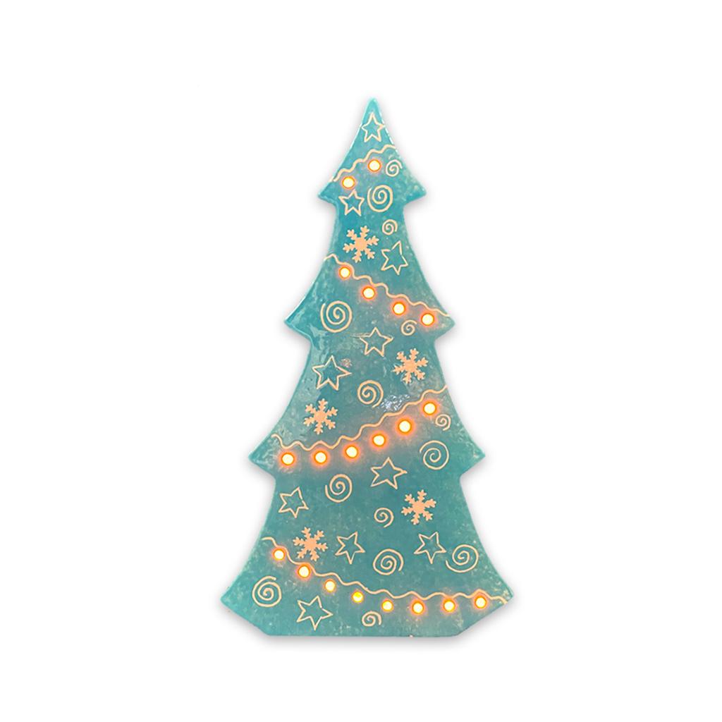A Christmas tree-shaped decorative light with a teal blue marbled pattern, featuring glowing warm white string lights and white snowflake and star ornaments, shown against a plain white background.