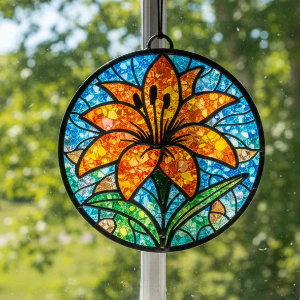 Stained glass flower decoration with a blurred green outdoor background