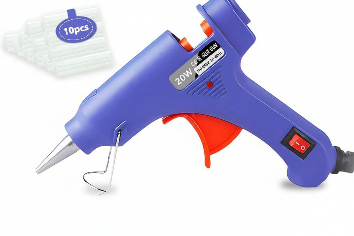 A blue and orange hot glue gun with a metal tip, shown on a white background with a small inset of 10 clear plastic sticks.