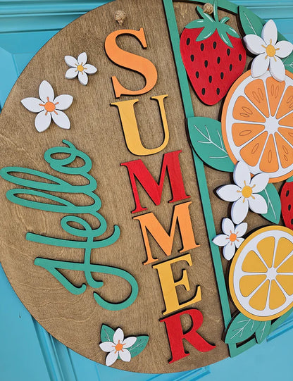 Wooden sign with colorful 'Summer' text and summer-themed decorations on a blue background