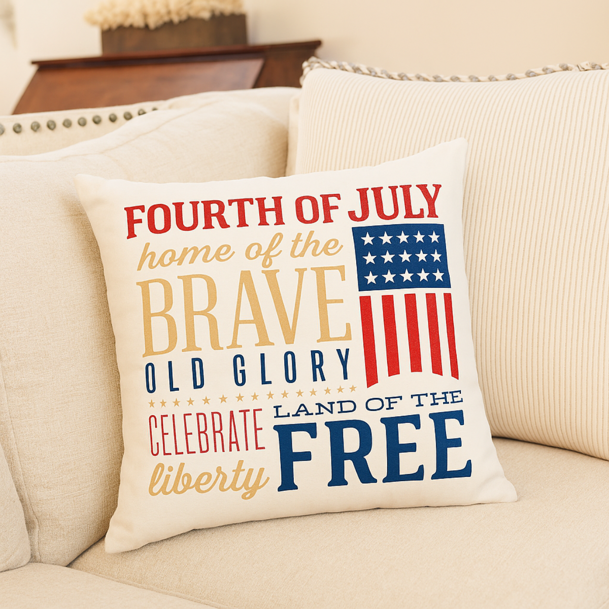 Decorative pillow with Fourth of July text and American flag on a beige couch.