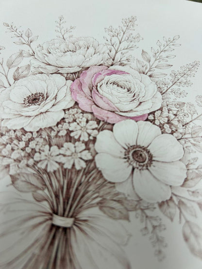 Detailed illustration of flowers with a focus on white and pink hues.