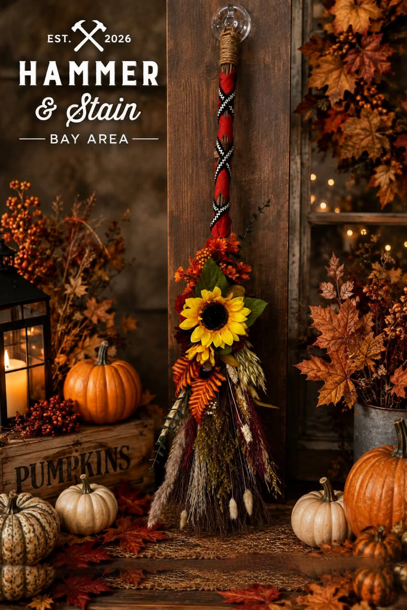 A decorative hanging broom with a red and black braided handle, a clear hanging loop, and a autumn-themed floral and straw raffia lower section, displayed in a styled fall setting with pumpkins, leaves, and warm string lights. 