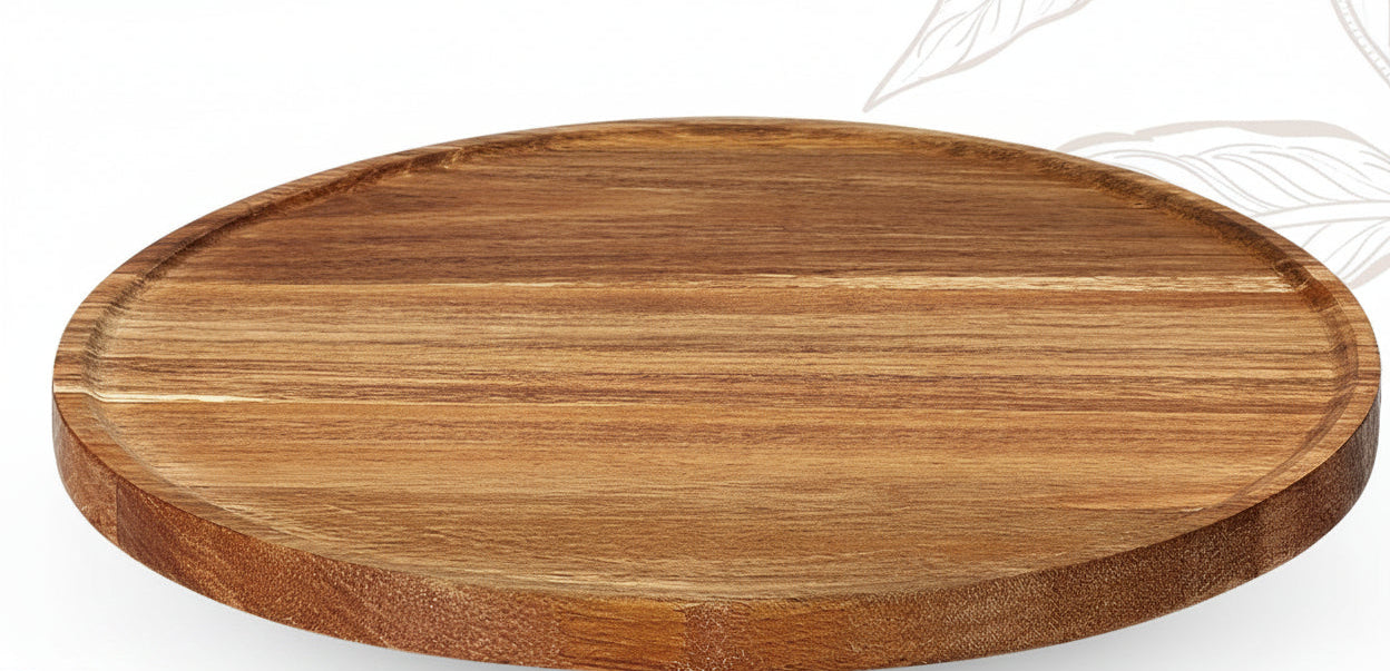 A round wooden serving board with a smooth, polished surface and a raised rim, shown on a white background with partial views of matching boards at the edges.