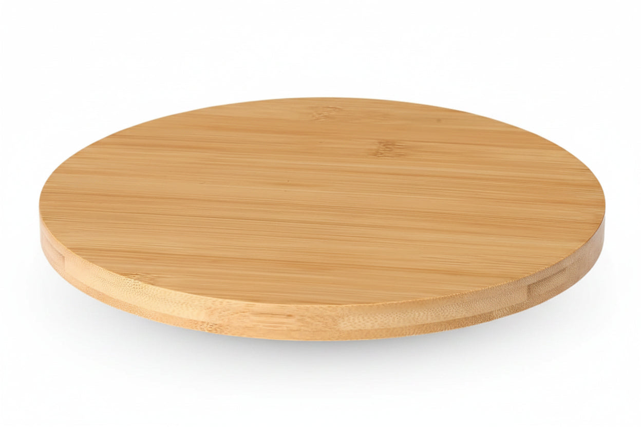 Three round bamboo serving boards are shown on a white background with bamboo leaf graphics. 
