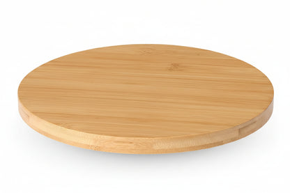 Three round bamboo serving boards are shown on a white background with bamboo leaf graphics. 