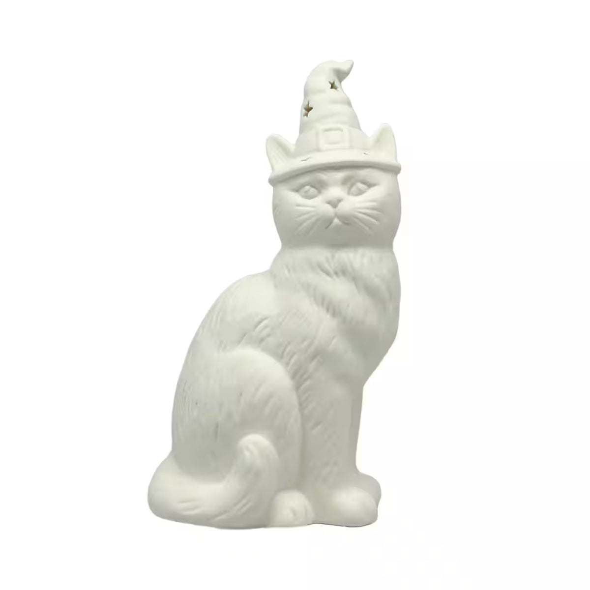 A white ceramic figurine of a sitting cat wearing a pointed wizard hat with small gold stars, set against a plain white background.