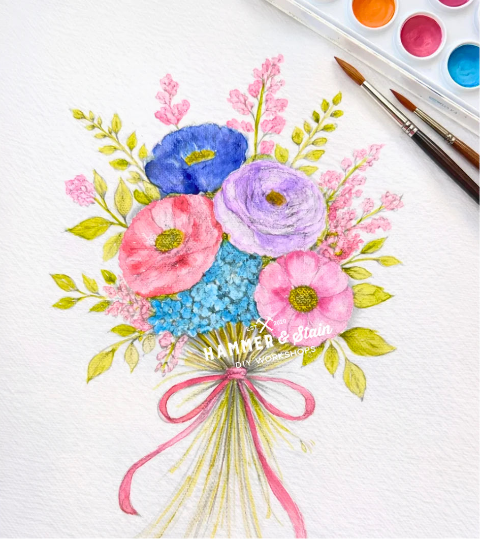 Colorful floral illustration with watercolor paints and brushes on a white background