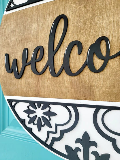 Decorative welcome sign with 'welco' on a wooden background