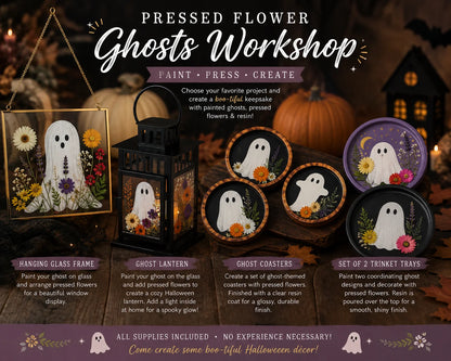 Promotional graphic for a Halloween DIY workshop called 'Pressed Flower Ghosts Workshop' showing sample decorated items: a hanging glass frame with a ghost, a lantern, round coasters, and tray sets, with text describing included supplies and customization options.