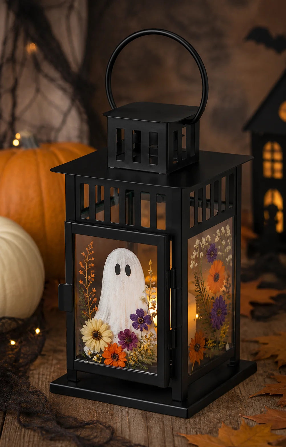 A black metal Halloween lantern with a glass door featuring a white ghost and pressed autumn flowers, styled on a wooden surface with pumpkins and spiderwebs in the background.