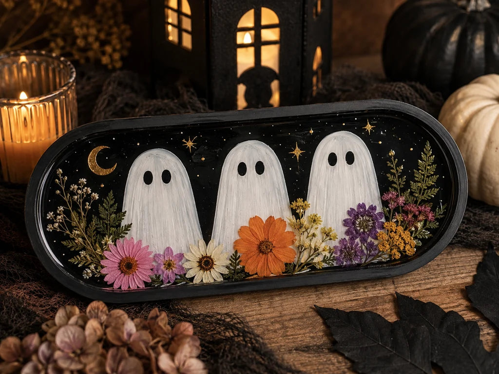 A Halloween-themed decorative tray featuring three white ghosts on a black background with pressed flowers and autumn leaves, styled on a wooden surface with candles and pumpkins.