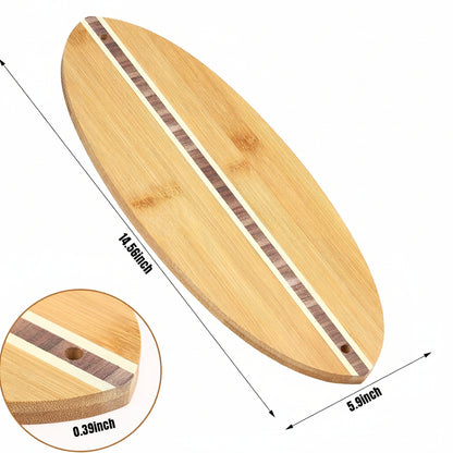 An oval wooden serving board with two inlaid wood stripes, shown on a white background with dimension arrows and a circular close-up inset. 